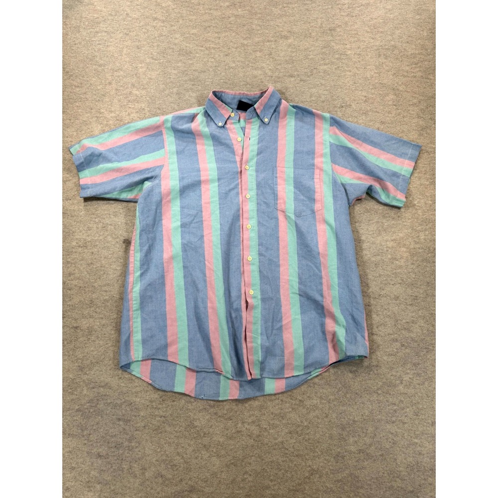 Gulf Traders Mens Large Multicolor Striped Cotton Button Down Short Sleeve Shirt
